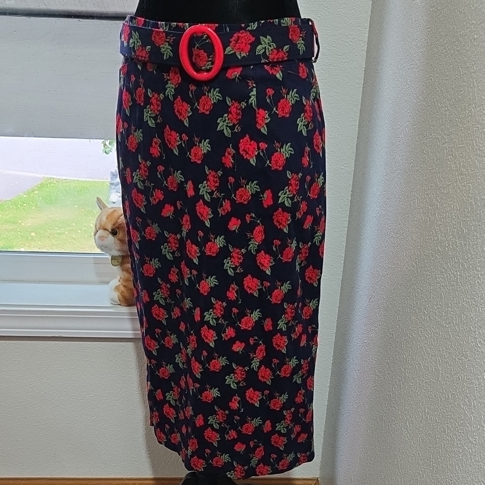 Unique Vintage Black Pencil Skirt with Red Floral Pattern